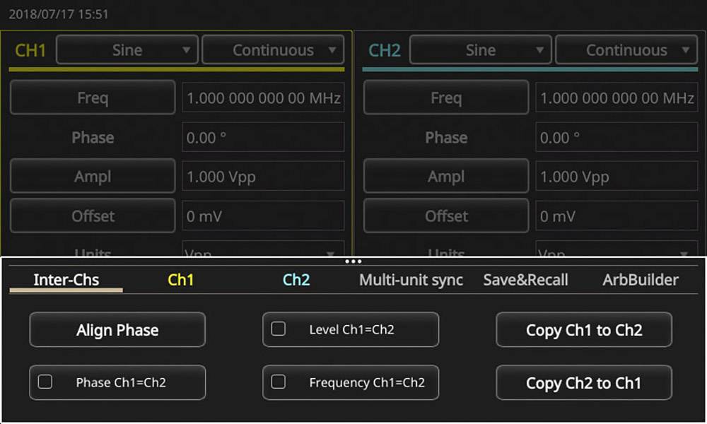 Ein Bildschirmbild eines Signalgenerators mit zwei Kanälen. Kanal 1 zeigt eine Frequenz von 1 MHz, Kanal 2 noch nicht eingestellt. Optionen zur Synchronisation und Kopie zwischen den Kanälen sind vorhanden.