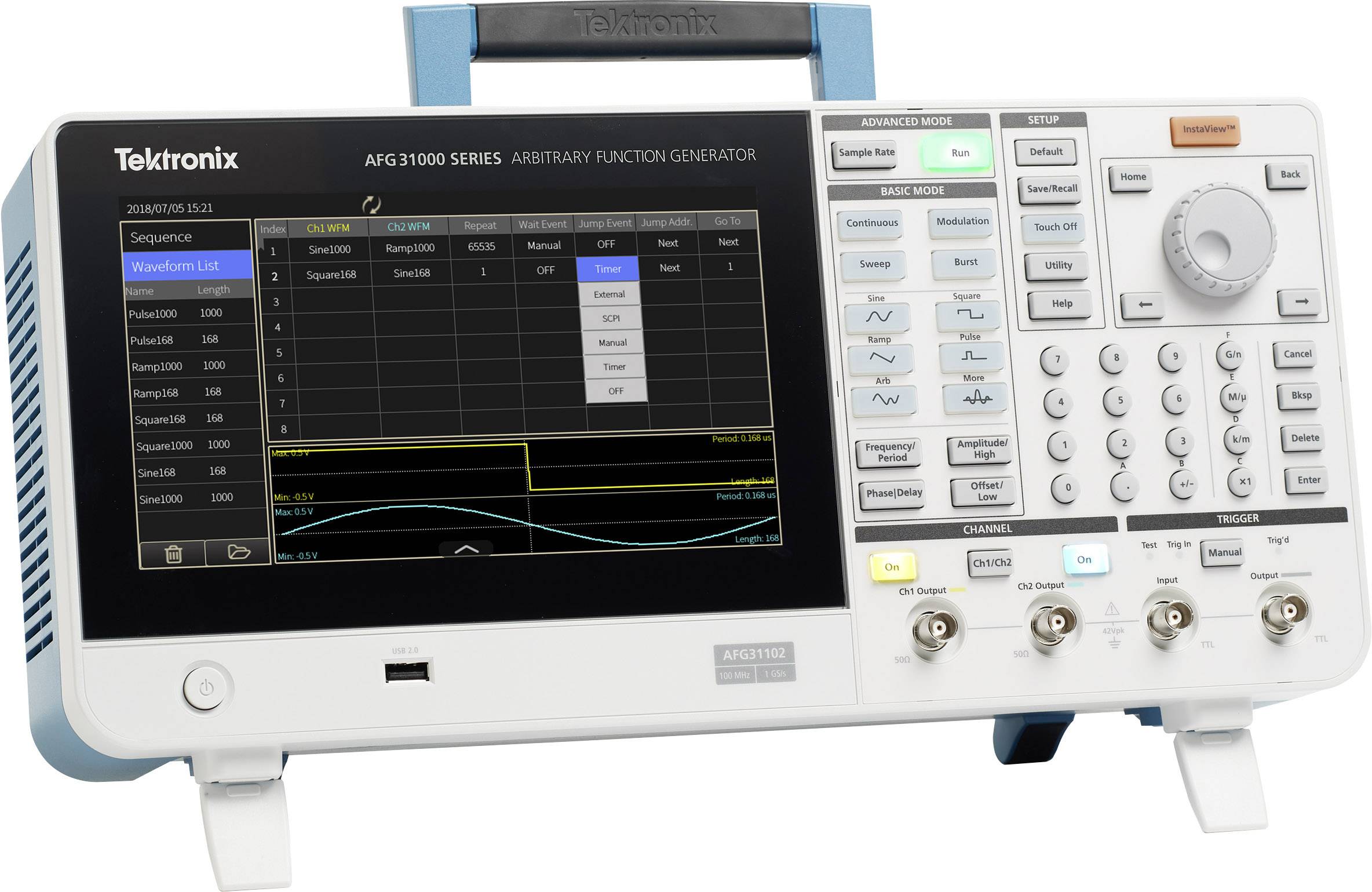 Ein Funktionsgenerator mit Display zeigt eine Wellenformliste und grafische Darstellungen. Bedienelemente sind rechts angeordnet.