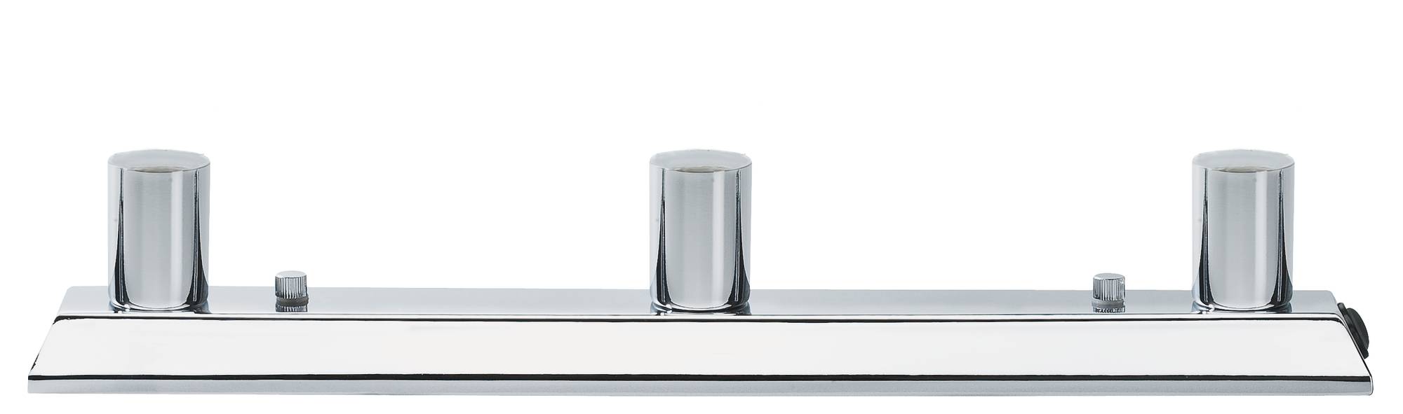 Chromstahl-Armatur mit drei Drehknöpfen auf einer flachen Basis.