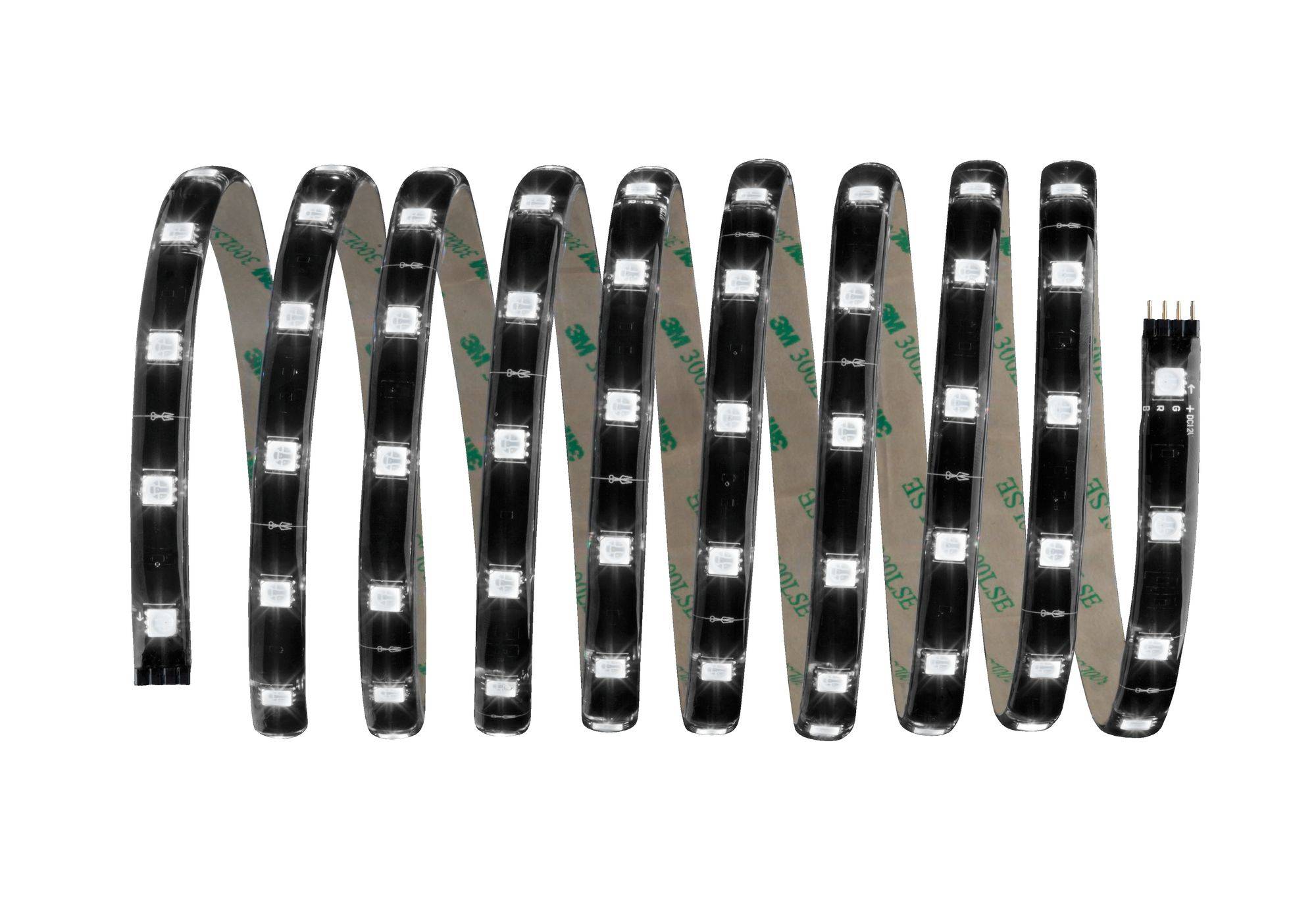 LED-Streifen mit leuchtenden weißen LEDs in einer Zickzack-Anordnung auf transparentem Hintergrund.