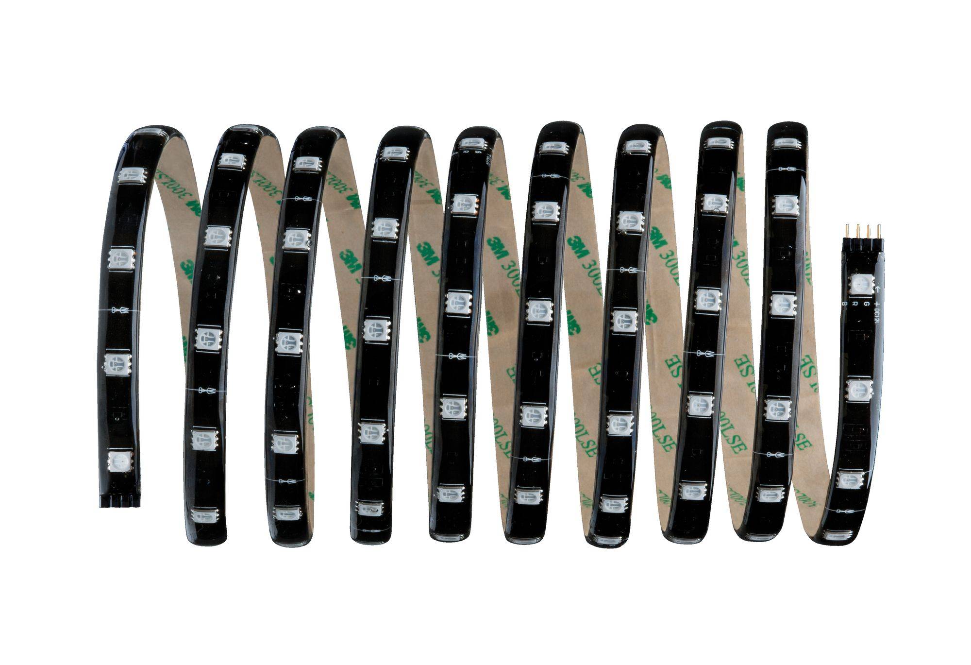 'Schwarzer LED-Streifen in S-Form, mit weißen LED-Lichtern gleichmäßig verteilt. Rückseite zeigt Klebefläche für einfache Befestigung.'