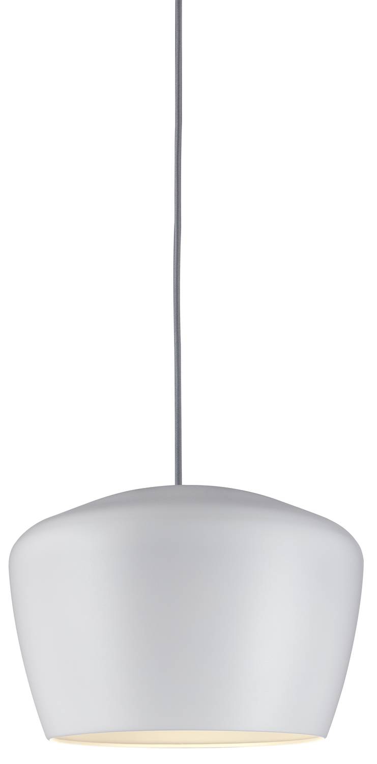 Eine minimalistische, weiße Hängeleuchte mit glatter Oberfläche, die sanftes Licht ausstrahlt; modernes Design für Innenräume.