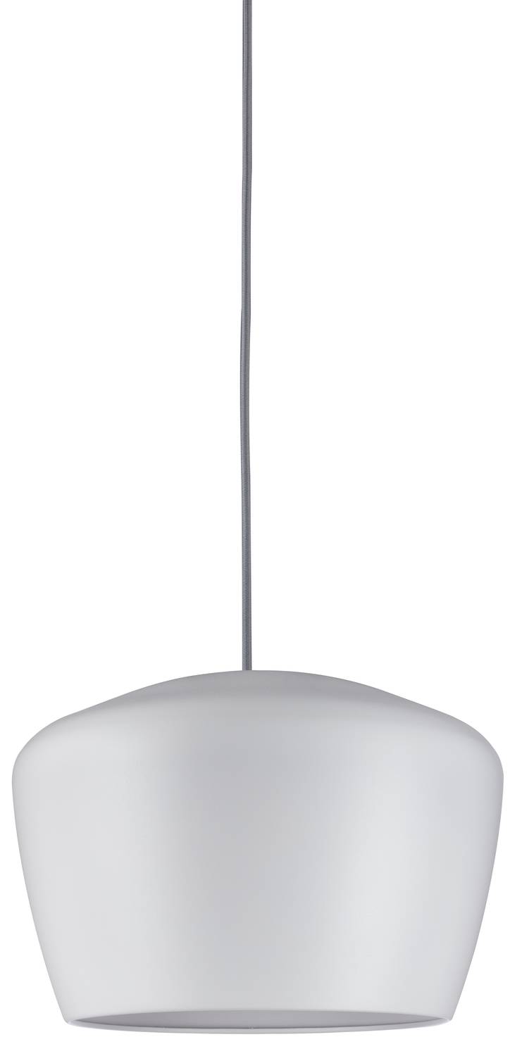 Weiße Hängelampe mit schlichtem, modernem Design. Sie hängt an einem dünnen Kabel von der Decke.