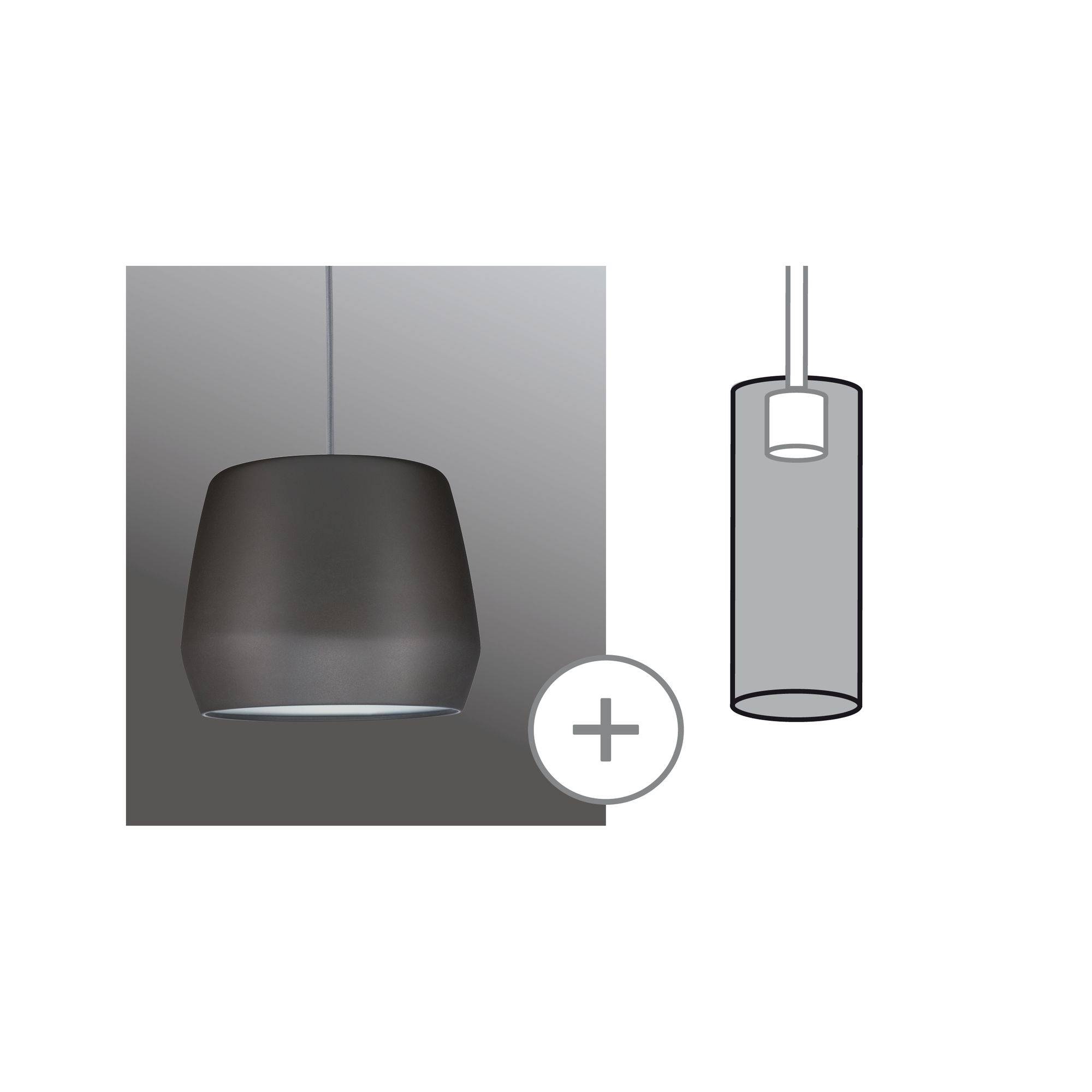 Ein dunkler Lampenschirm mit Kabel hängt neben einer schematischen Zeichnung eines ähnlichen Lampenschirms mit Pluszeichen.