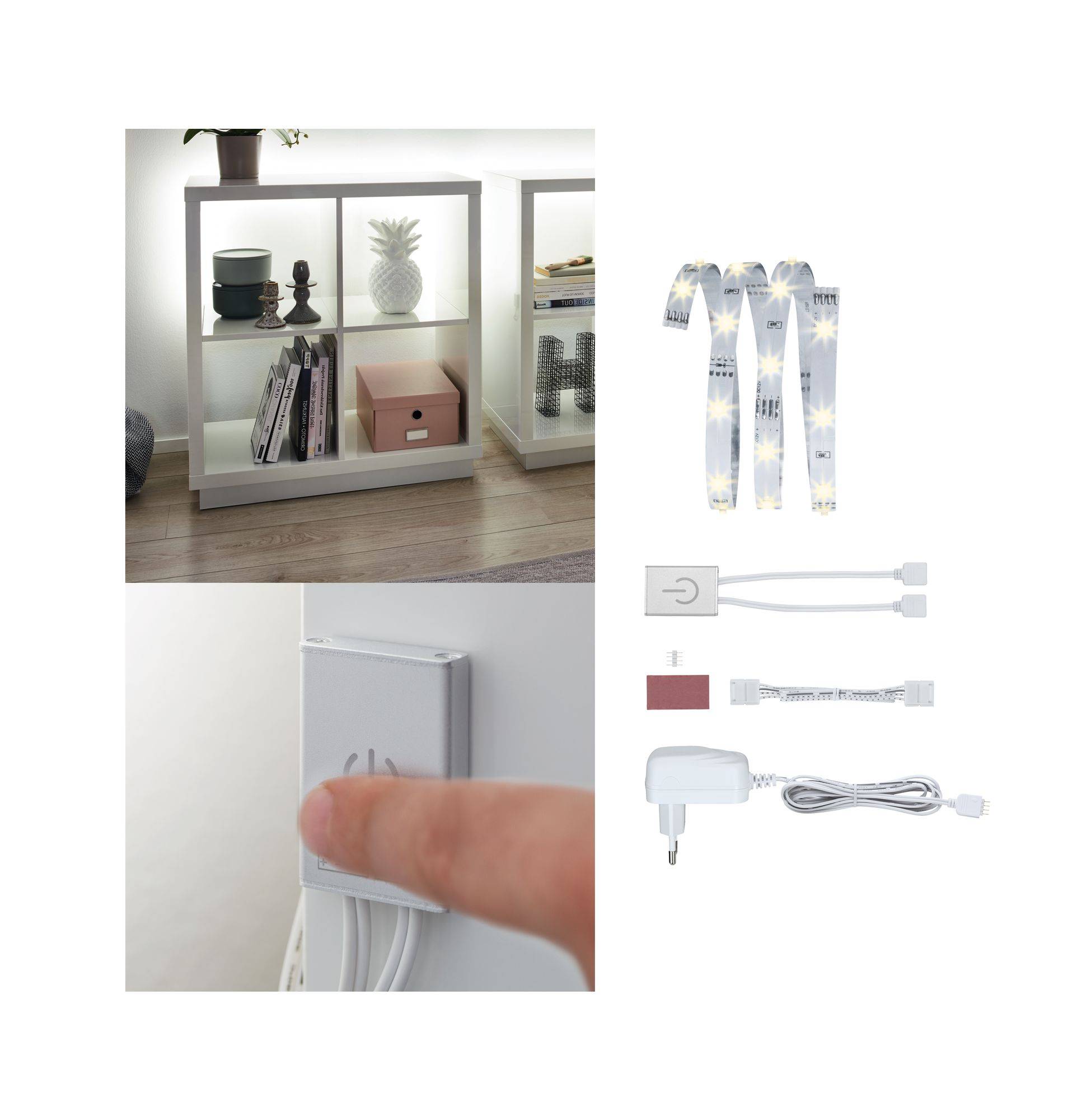 LED-Lichtstreifen-Set mit Fernbedienung für Regalbeleuchtung, inklusive Netzadapter und Verbindungsstücke. Ideal zur Akzentbeleuchtung.
