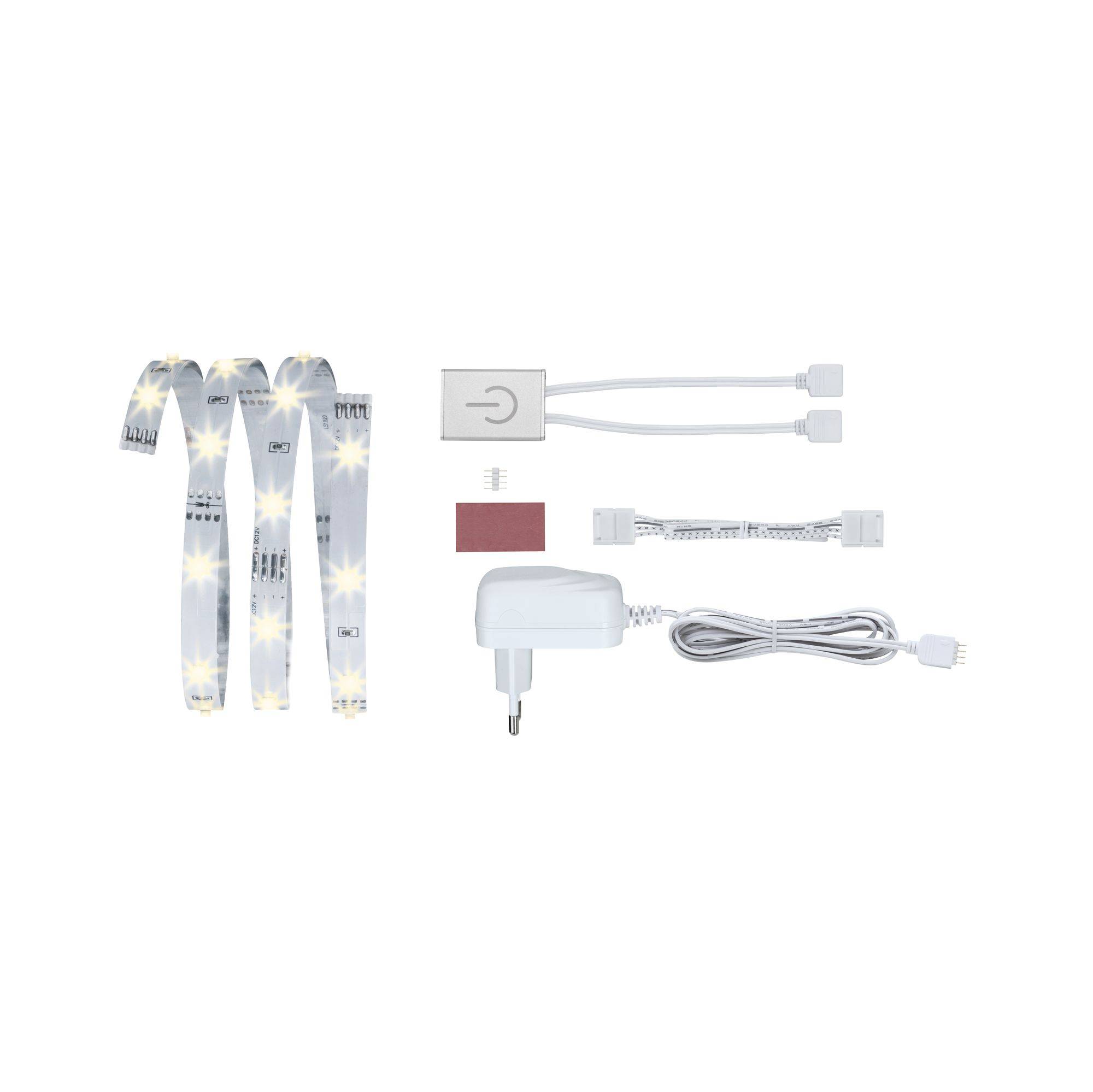 LED-Lichtstreifen-Set mit Netzadapter, Steuerungseinheit und Anschlusskabeln auf weißem Hintergrund. Ideal zur Beleuchtung.