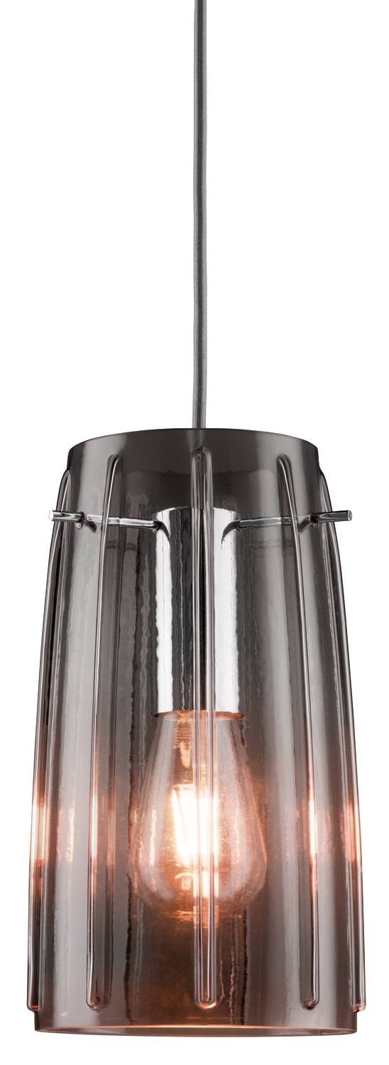 Eine moderne, hängende Deckenleuchte mit einer transparenten Glasabdeckung, die ein warmes Licht ausstrahlt.