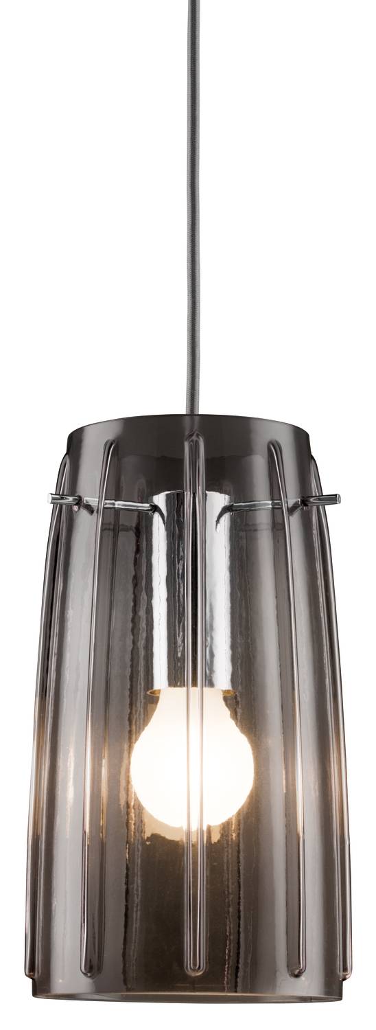 Eine moderne, hängende Deckenleuchte mit einem rauchfarbenen Glasschirm, durch den ein helles Licht scheint.