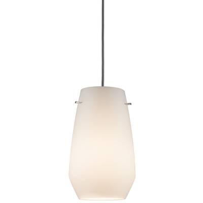 Weiße, hängende Pendelleuchte mit schlichtem, modernem Design. Glatter, konischer Lampenschirm, befestigt an einer dünnen Schnur.