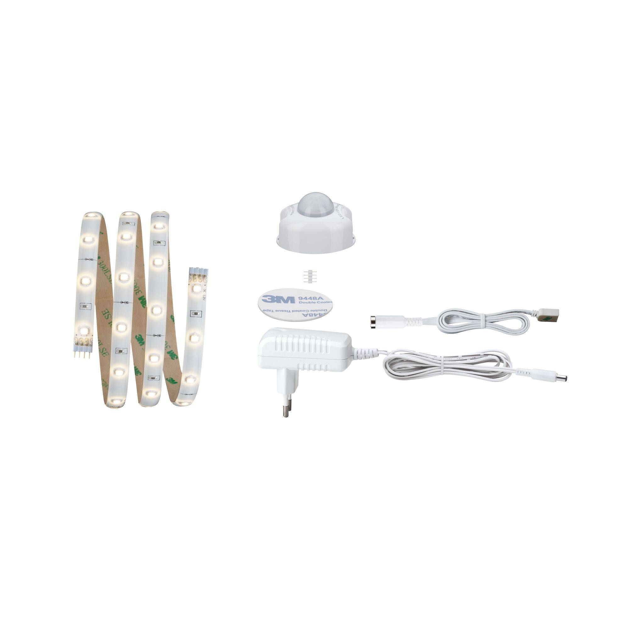 LED-Lichtstreifen-Set mit Bewegungsmelder, Netzteil und Verbindungskabeln. Ideal für indirekte Beleuchtung und Energieeinsparung.