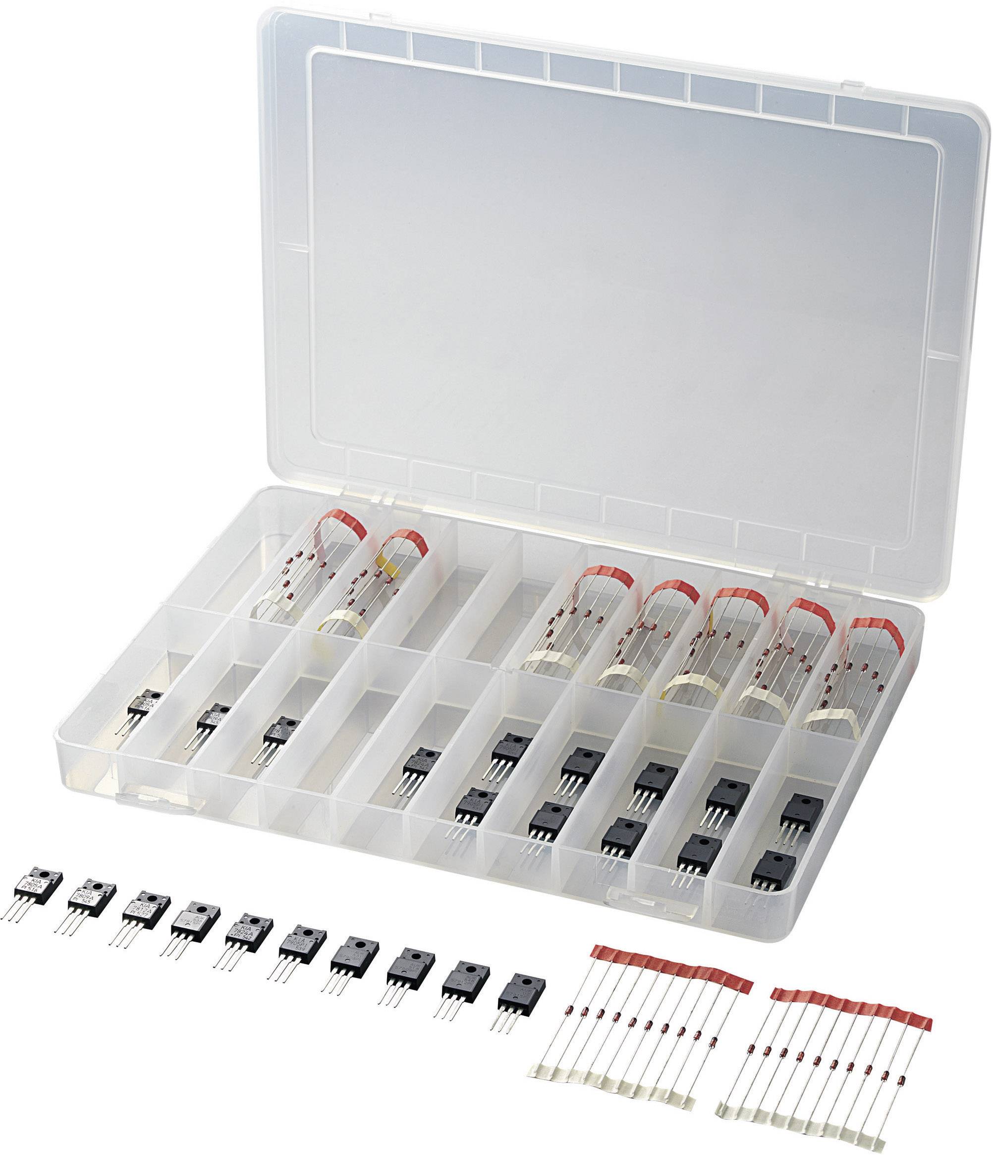 Plastikbox mit mehreren Fächern, die verschiedene elektronische Bauteile wie Transistoren und Widerstände enthalten, aufgereiht.