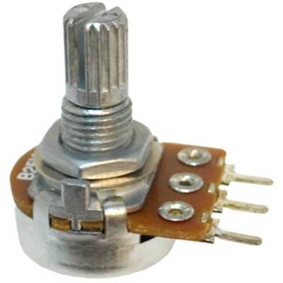'Ein Drehpotentiometer mit drei Anschlüssen, montiert auf einer braunen Platine. Es dient zur Einstellung von Widerstandswerten in Schaltungen.'