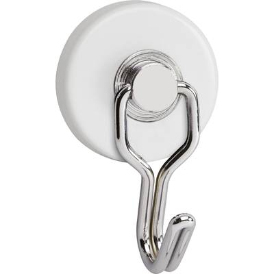 Ein runder, weißer Magnet mit einem daran befestigten, silbernen Haken. Ideal zum Halten von leichten Gegenständen an Metalloberflächen.