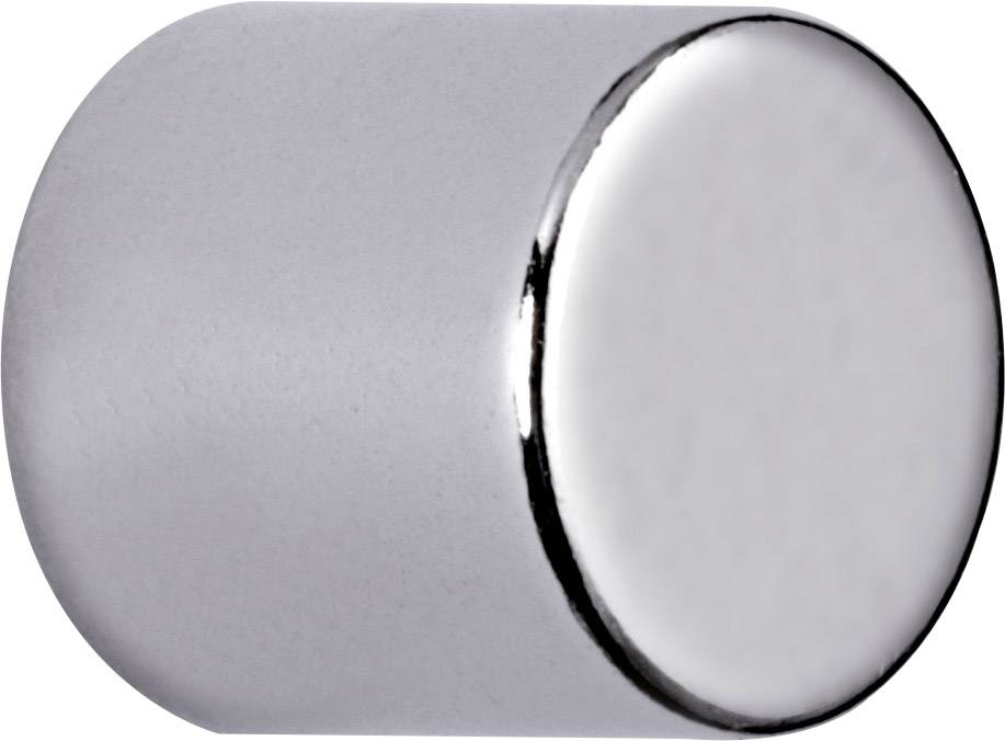 Runder, silberner, metallischer Magnet in zylindrischer Form, aufrecht stehend.