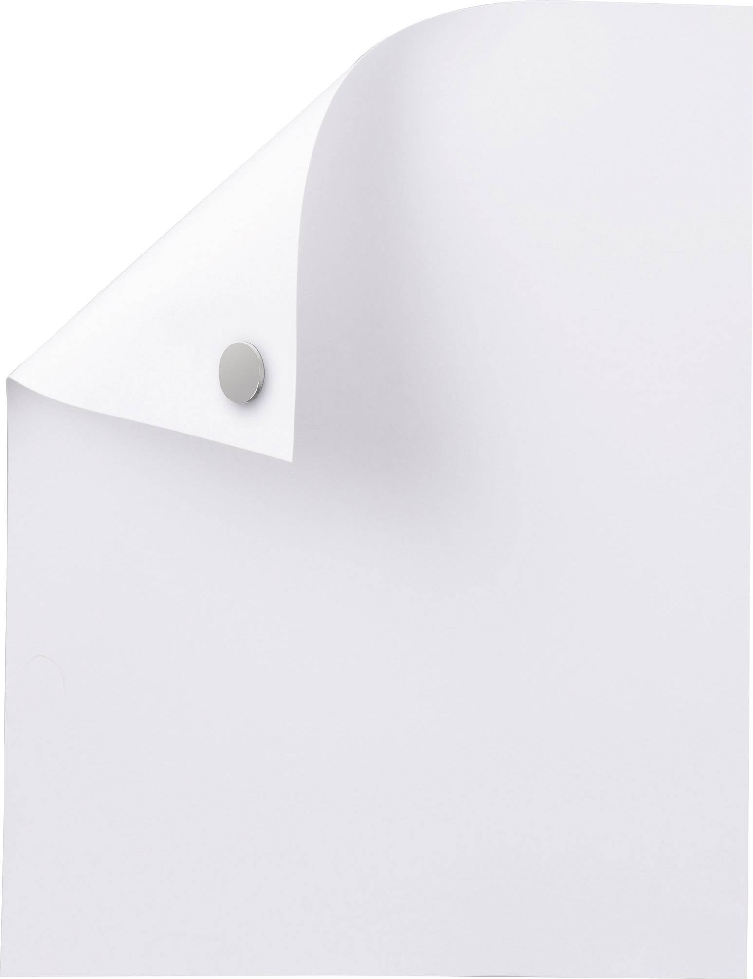 Ein einzelnes Blatt Papier mit einer umgeschlagenen Ecke, die von einem silbernen Magneten gehalten wird.