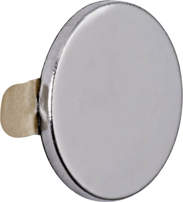 Eine runde, silberne Metallplatte mit einem kleinen, hervorstehenden Befestigungselement an der Rückseite.