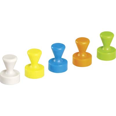 Fünf runde Magnete in verschiedenen Farben (weiß, gelb, blau, orange, grün) in einer Reihe nebeneinander aufgestellt.