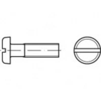 Schraubenkopf in Seiten- und Draufsicht. Rechts flacher, schlitzförmiger Kopf, links Gewindeschaft. Technische Zeichnung.