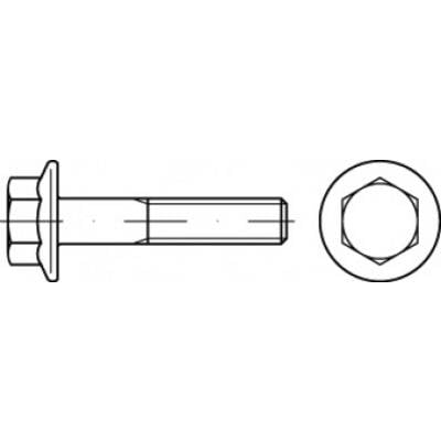 Technische Zeichnung einer Schraube mit Sechskantkopf, Seitenansicht und Draufsicht, zeigt Größe und Form der Schraube.