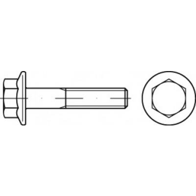 Technische Zeichnung einer Schraube. Links: Seitenansicht mit senkrechtem Gewinde und Sechskantkopf. Rechts: Obenansicht des Sechskantkopfs.