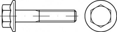 Technische Zeichnung einer Sechskantschraube mit Unteransicht und Seitenansicht zeigen Details der Schraubenform und -konstruktion.