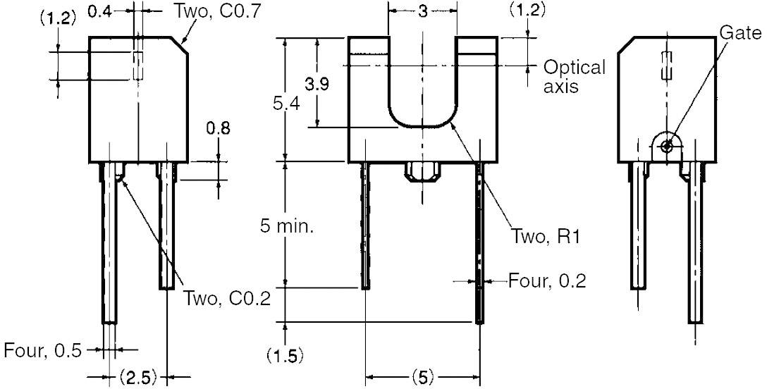 Technische Zeichnung eines elektronischen Bauteils mit Maßen in Millimetern, zeigt Seitenansichten und Draufsicht mit detaillierten Abmessungen und Etiketten.