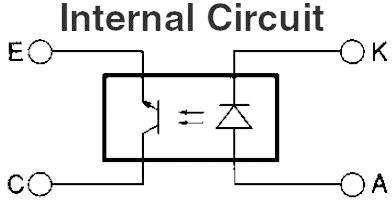 'Schematische Darstellung einer internen Schaltung mit Transistor und Diode. Anschlüsse E, C, K, A markiert.'