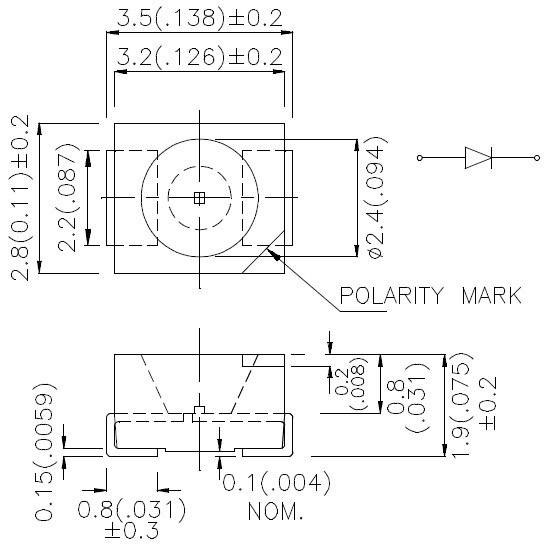 Diagramm einer elektrischen Komponente mit Maßen, Polarisationsmarkierung und Symbol für eine Diode. Vorder- und Seitenansicht gezeigt.