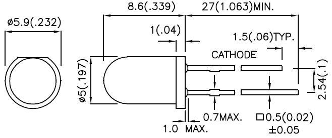 Technische Zeichnung einer LED, Ober- und Seitenansicht. Maße in Millimetern und Zoll, zeigt Durchmesser und Pin-Abstände, sowie Markierung der Kathode.