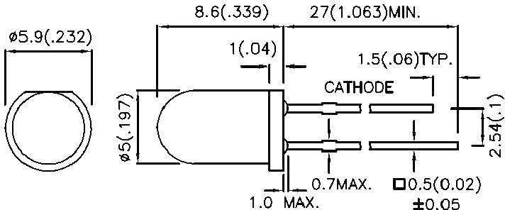 Technische Zeichnung einer LED mit Maßen: Durchmesser 5 mm, Länge 8,6 mm, Drahtabstand 2,54 mm. Anoden- und Kathodenanschlüsse markiert.