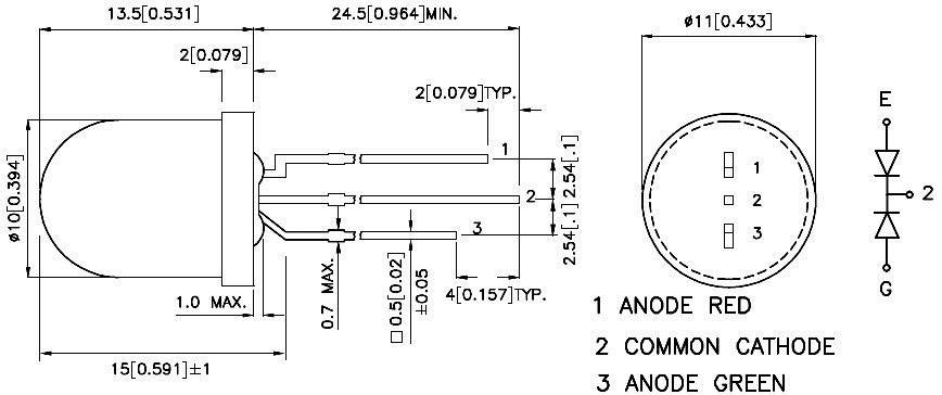 Technische Zeichnung einer LED mit Maßen und Anschlusspins: Anode Rot, Gemeinsame Kathode, Anode Grün. Schnittansicht und Pinbelegung.