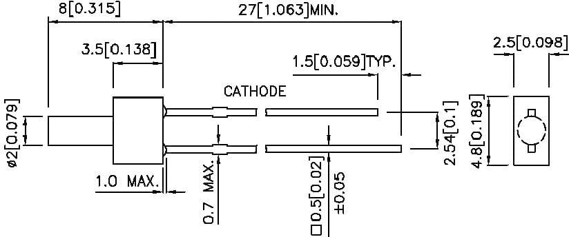Diagramm eines elektrischen Bauteils mit Maßangaben in Zoll und Millimetern. Zeigt Abstände und Dimensionen der Anschlüsse und des Gehäuses.