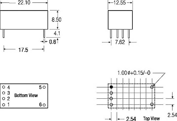Technische Zeichnung eines sechspoligen elektronischen Bauteils mit Abmessungen. Ansichten: Front, Seite, Oben mit Maßangaben in mm.