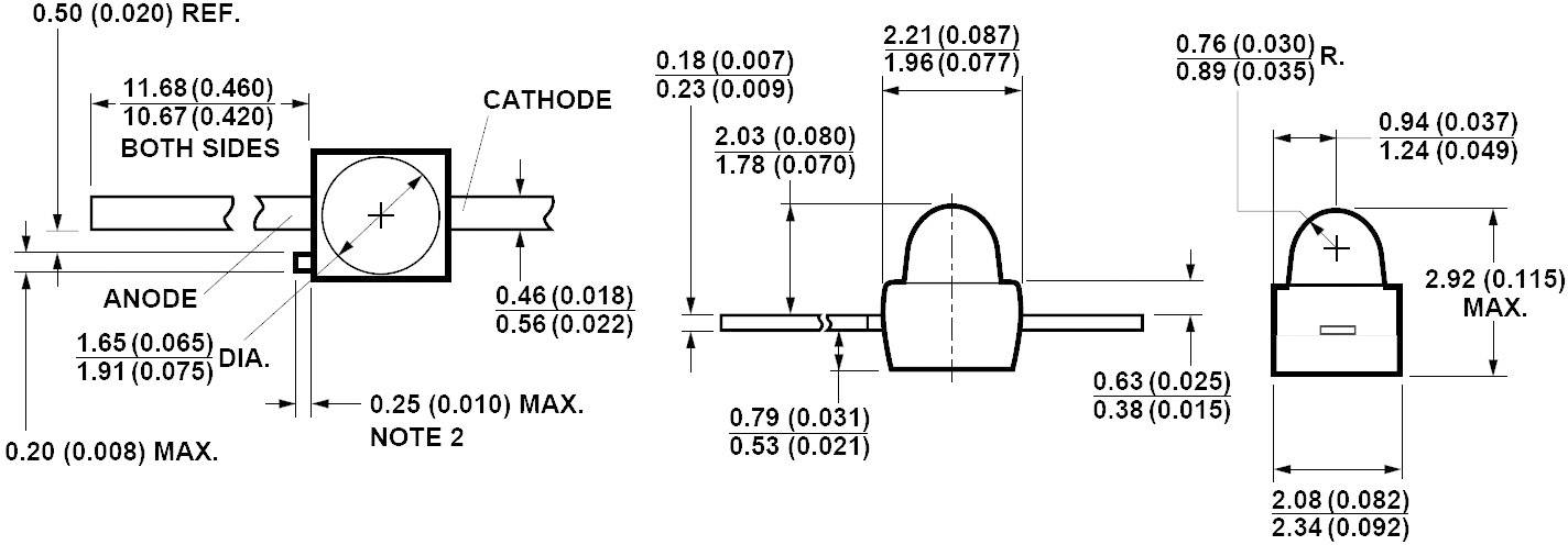 Technische Zeichnung von LED-Bauteil mit Maßen: Höhe, Breite und Positionsangaben für Anode und Kathode. Ansicht von drei Seiten.
