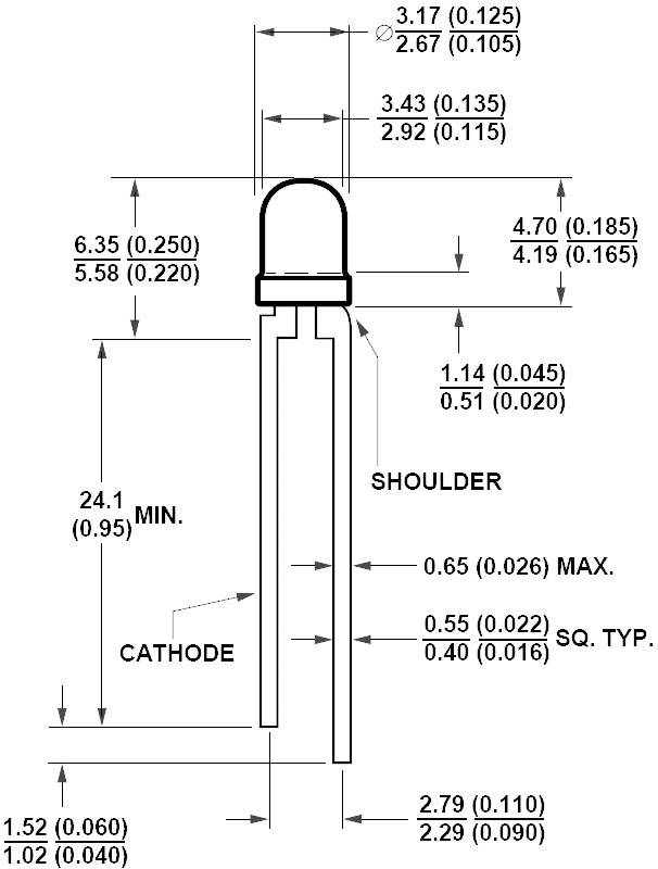 Technische Zeichnung einer LED mit Abmessungen in Zoll und Millimetern. Hauptmerkmale: Höhe, Breite, Durchmesser der Linse, Abstand der Anschlüsse.