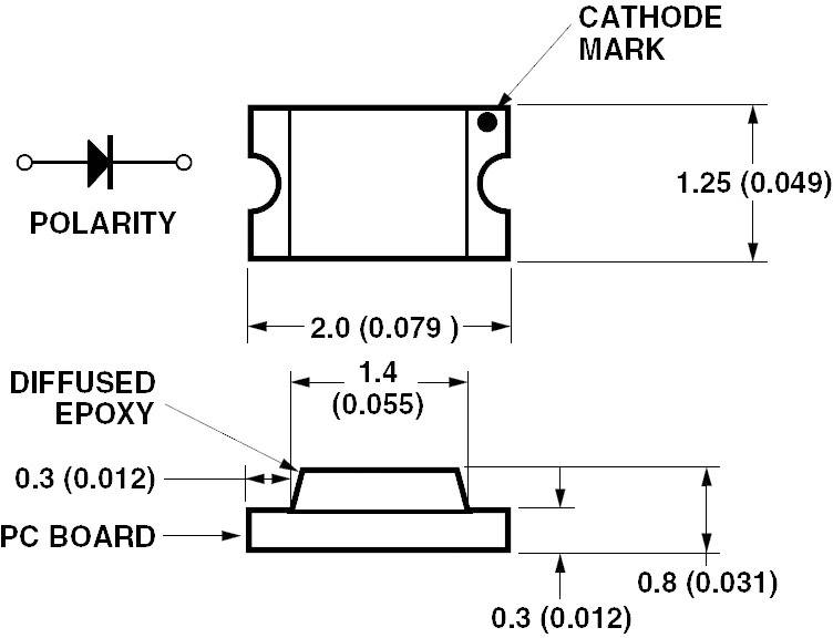 Technische Zeichnung einer Diode mit Polaritätssymbol oben links, Markierung für Kathode oben rechts, Dimensionen in Zoll und Millimetern.
