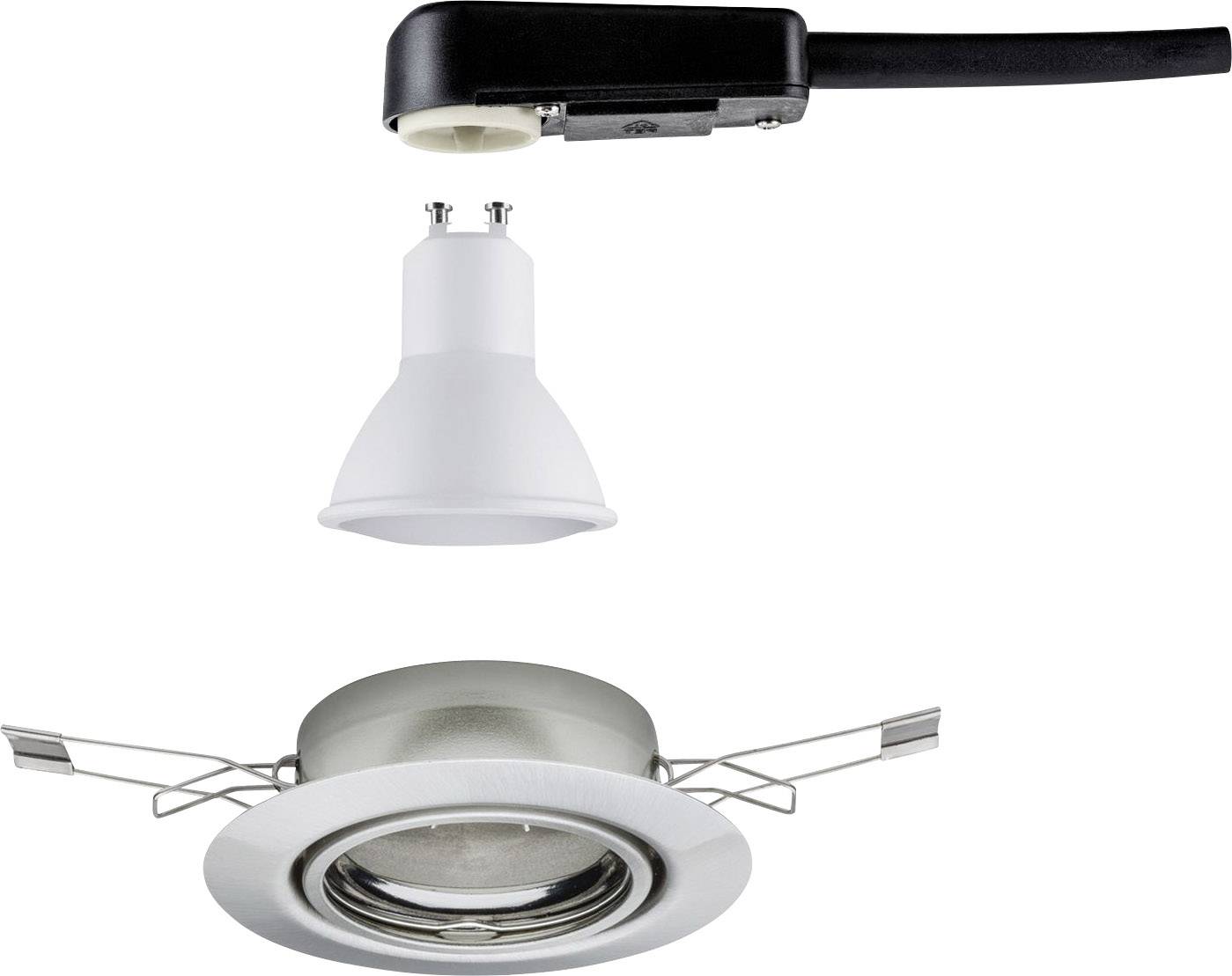 Eine Einbauleuchte mit abgenommenem GU10-LED-Leuchtmittel, silberner Rahmen und Anschlusskabel, dargestellt in Einzelteilen.