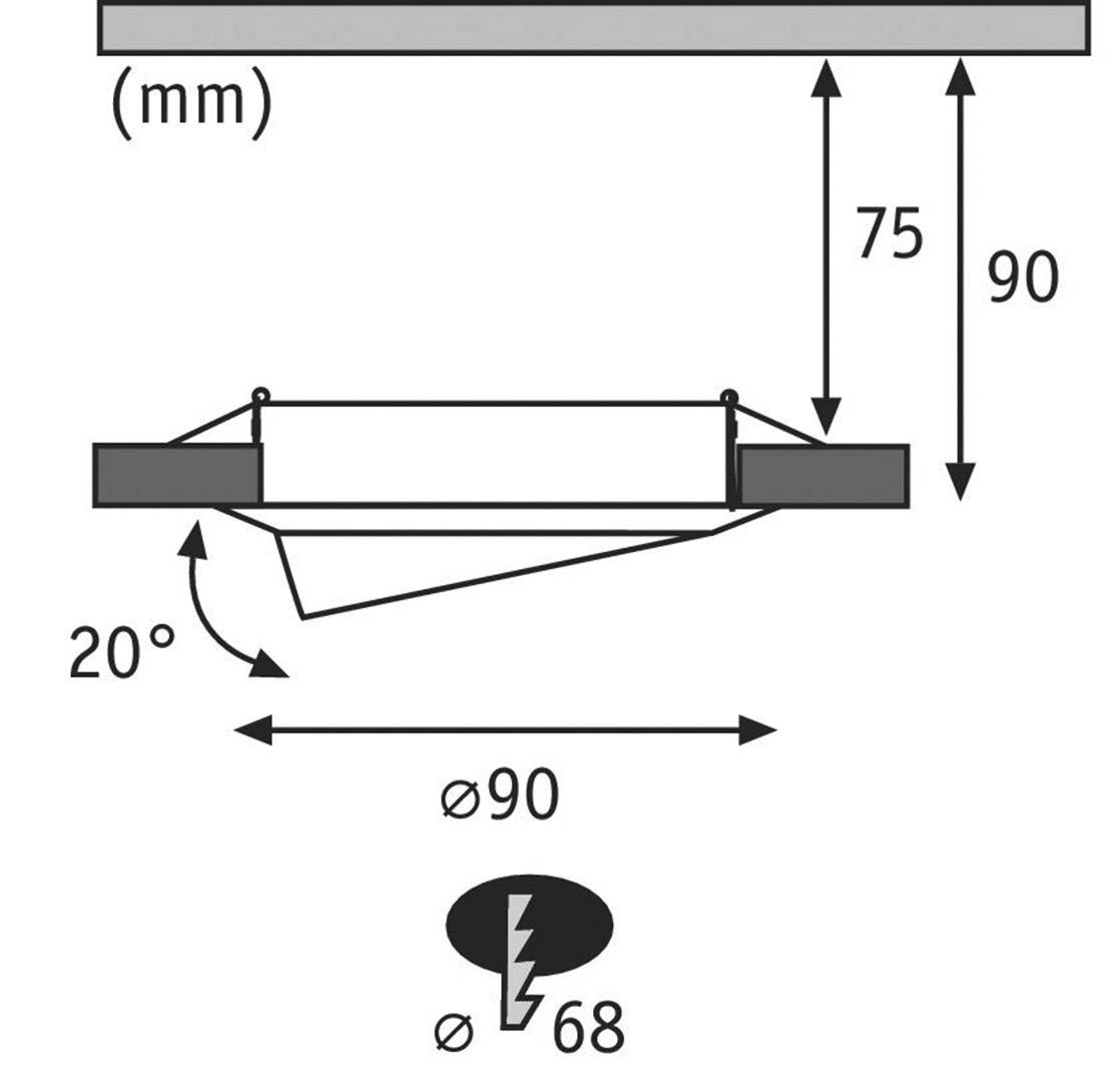 'Einbauschema' für eine Einbauleuchte mit einem Durchmesser von 90 mm, einer Aufbauhöhe von 75 mm, Neigungswinkel von 20°, und einem benötigten Deckenausschnitt von 68 mm.