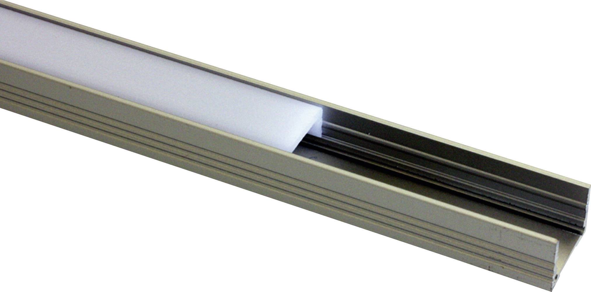 Metallschiene mit eingelegter Kunststoffabdeckung, wahrscheinlich Teil eines Montagesystems oder Profils für Beleuchtung.
