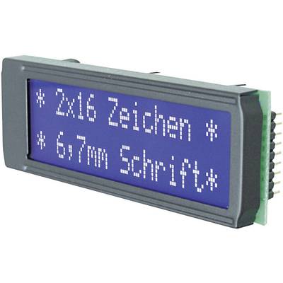 LCD-Display mit blauem Hintergrund zeigt weiße Schrift: '2x16 Zeichen', '6,7mm Schrift'.