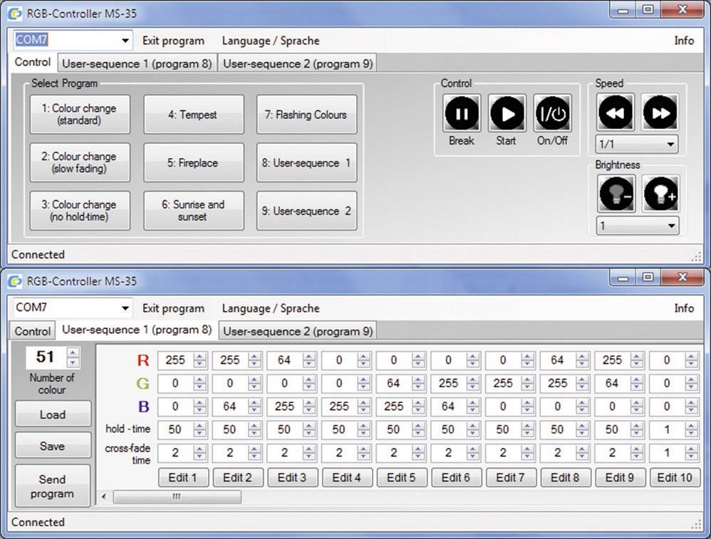 'RGB-Controller MS-35' Steueroberfläche mit Farb- und Geschwindigkeitsregler. Zeigt Einstellungen und Benutzersequenzen.