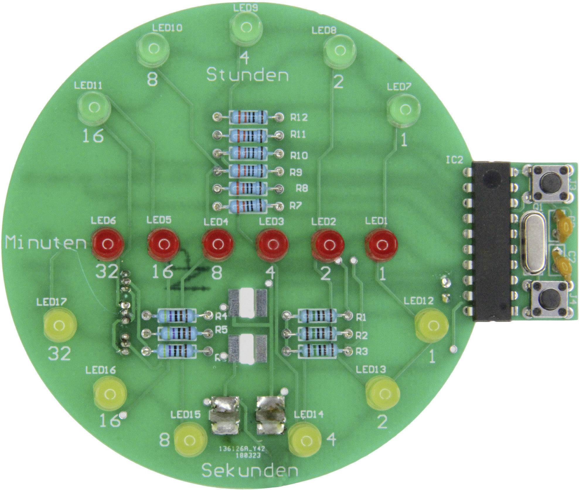 Grüne runde Leiterplatte mit LEDs in 7- und 5-Segment-Anordnung, zeigt Stunden, Minuten und Sekunden an. Digitale Zeitanzeige.