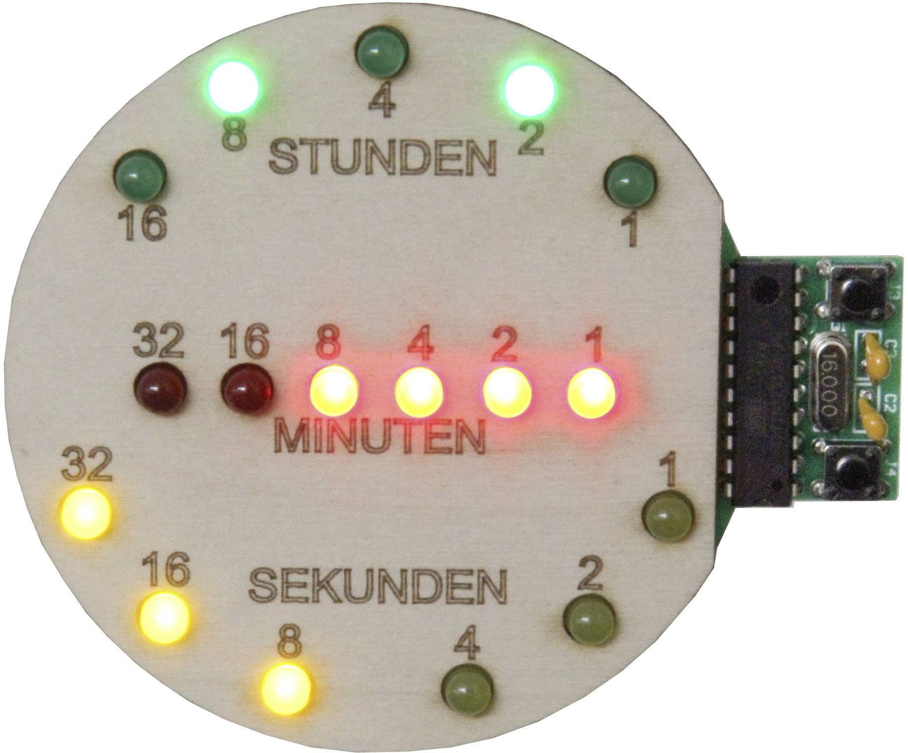 Runde LED-Uhr mit grünen, gelben und roten Lichtern für Stunden, Minuten und Sekunden. Zeigt binäre Zeit an. Elektronische Platine rechts.