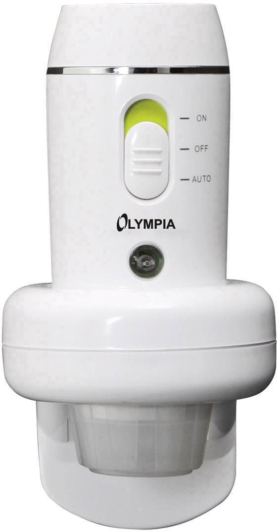 Ein weißer Bewegungssensor mit den Einstellungen 'ON', 'OFF' und 'AUTO'. Markenname 'Olympia' auf der Vorderseite.