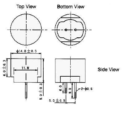 Technische Zeichnung eines zylindrischen Bauteils mit Draufsicht, Unteransicht und Seitenansicht, inklusive Abmessungen und Bohrlochpositionen.