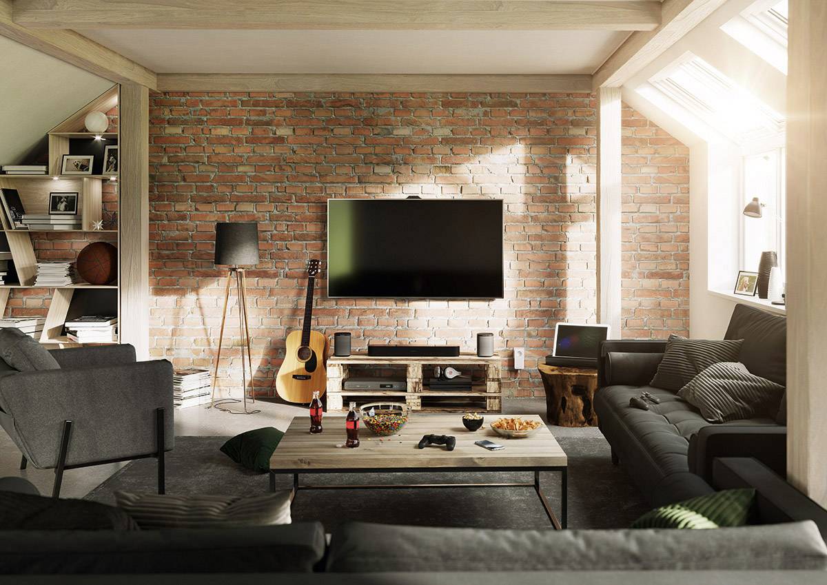 Gemütliches Wohnzimmer mit Ziegelwänden, Fernseher, Guitarre, und modernen Möbeln. Natürliches Licht durch Dachfenster.