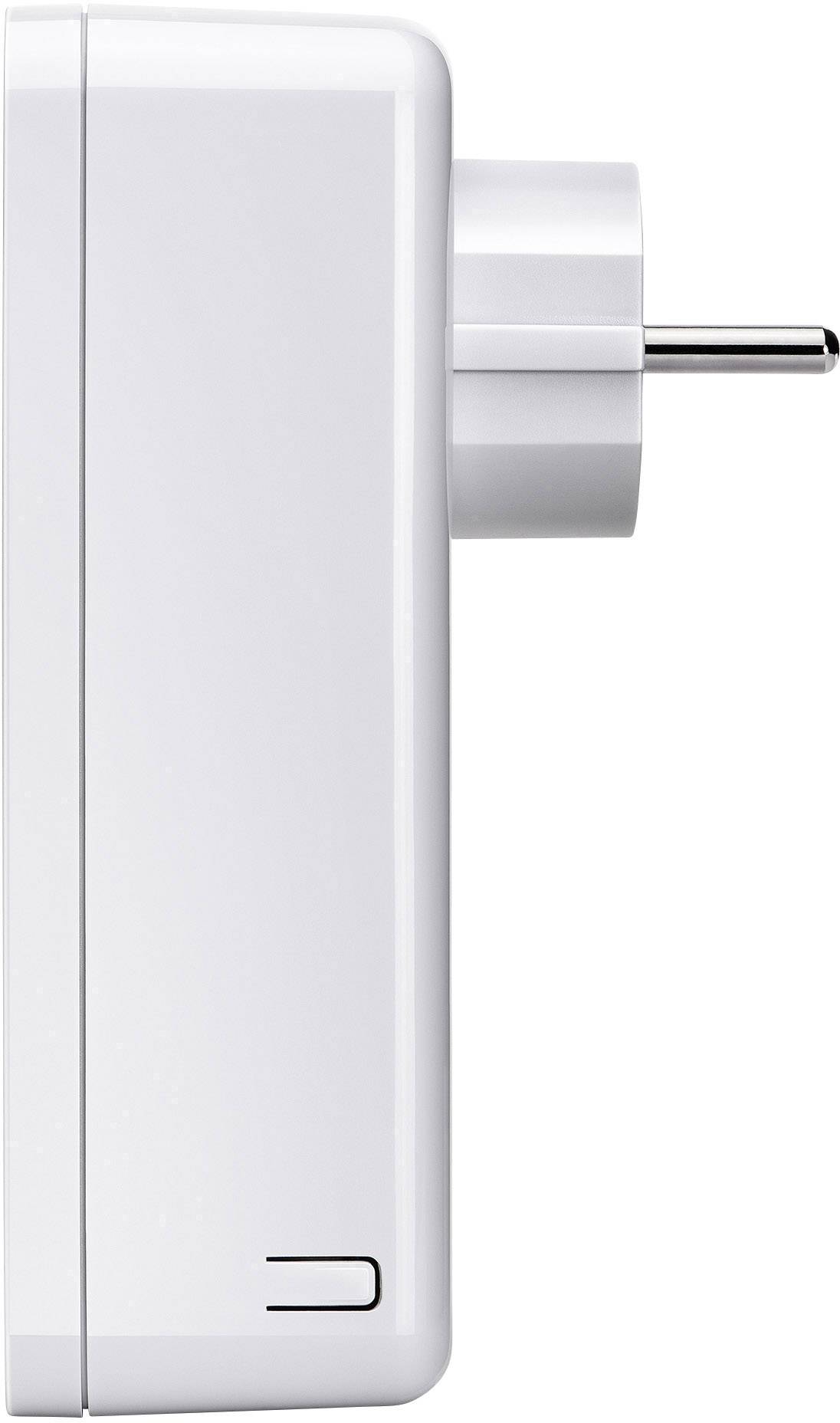 Seitliche Ansicht eines weißen Steckernetzteils mit europäischem Stecker.