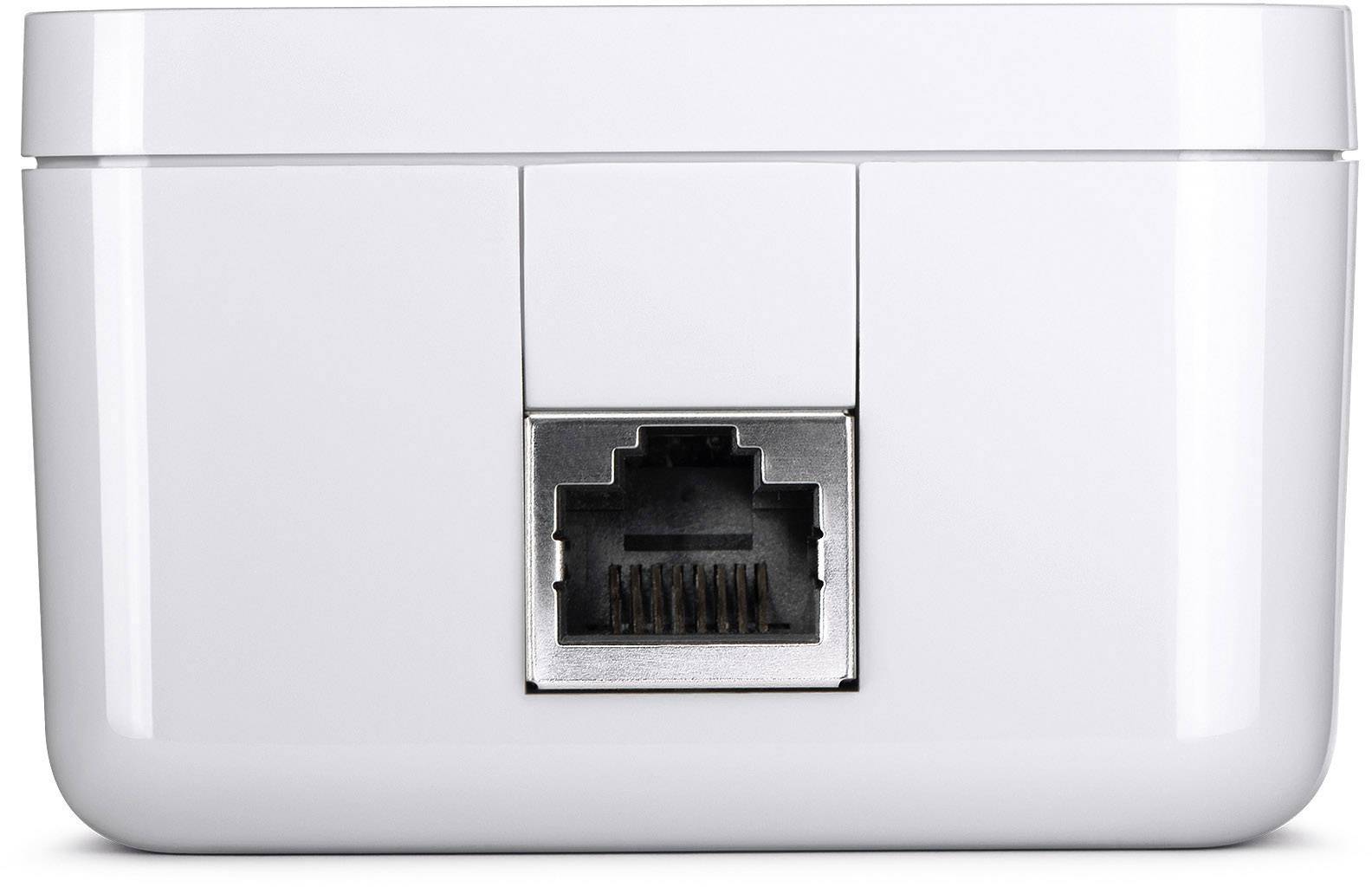 Ein weißer Netzwerkadapter mit einem Ethernet-Anschluss in der Mitte. Der Adapter hat eine glatte Oberfläche und ist für Heimnetzwerke geeignet.