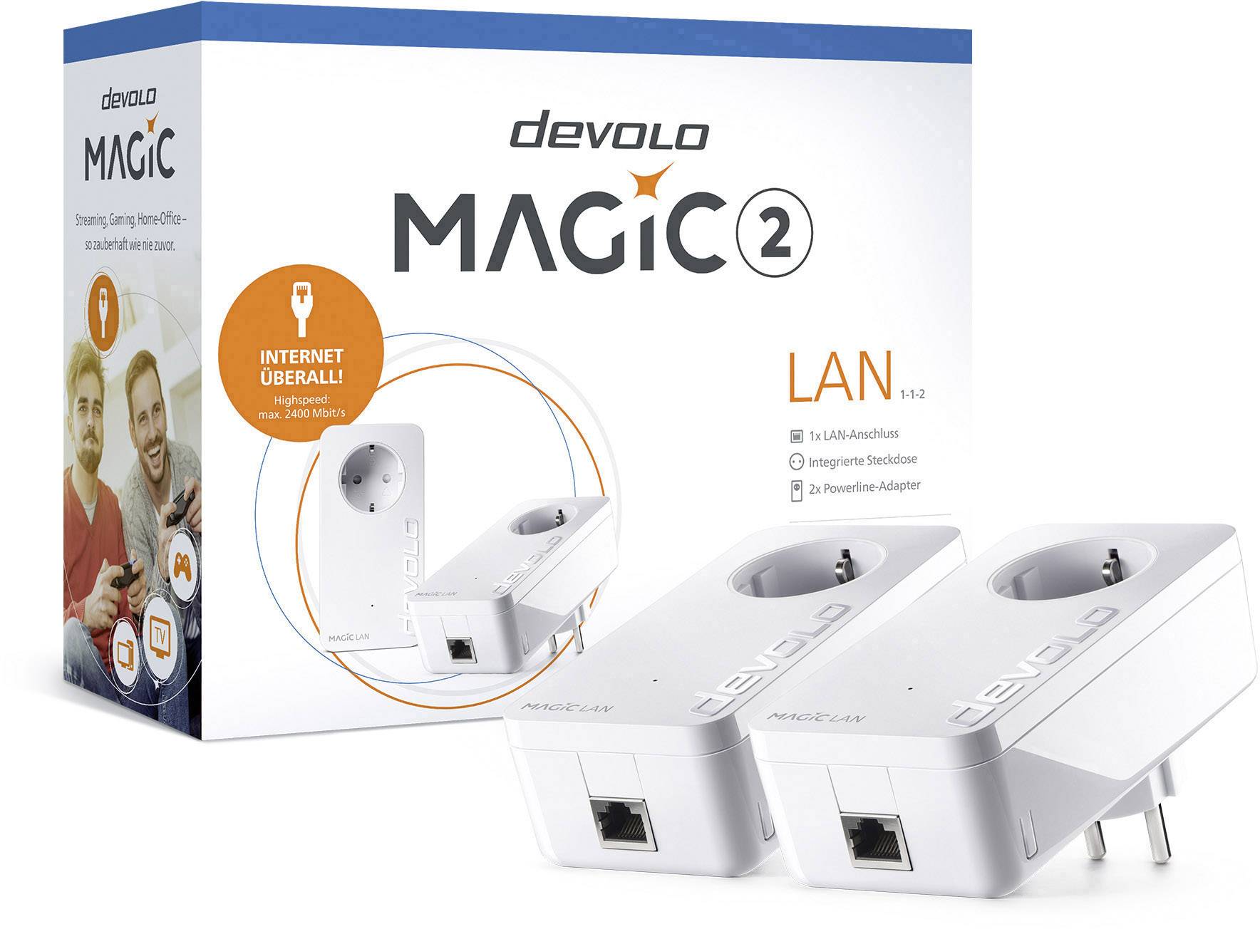 Zwei Powerline-Adapter von Devolo Magic 2 LAN neben Produktverpackung. Adapter für Internetverbindung über Steckdose.