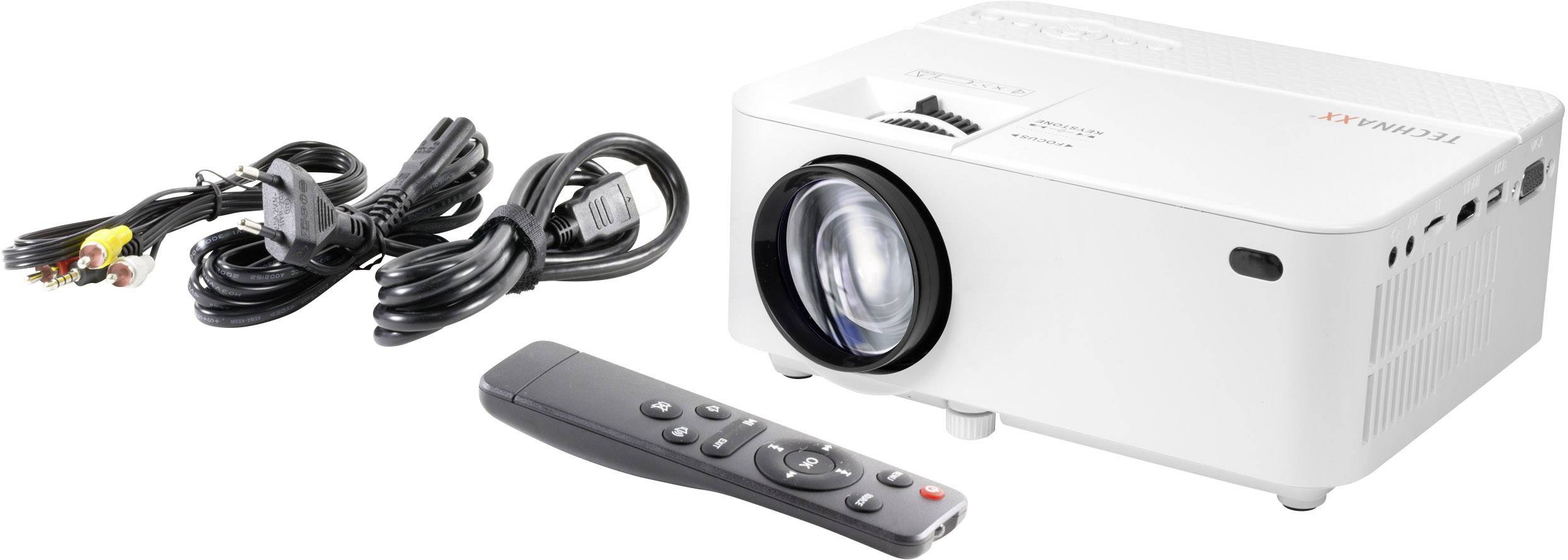 Ein weißer Projektor mit Fernbedienung und Kabeln, bereit zur Nutzung in Präsentationen oder Heimkino-Setups.